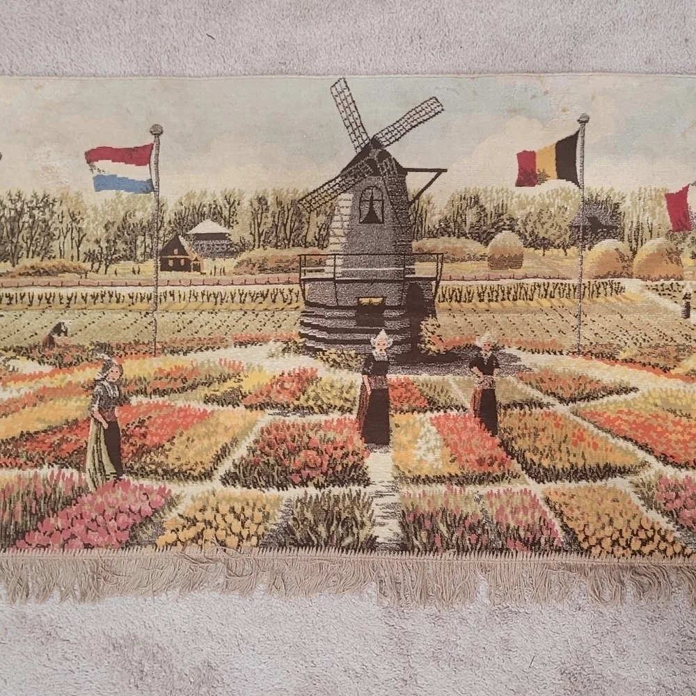 VTG Large Holland Tapestry with Fringe 66x28 Windmill & Flags